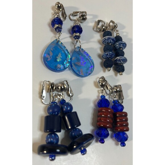 Glass Wood & Resin Clip On Earrings 4 Pair Dangles 1-2" Boho Hippie USA Made F8 - Picture 7 of 8